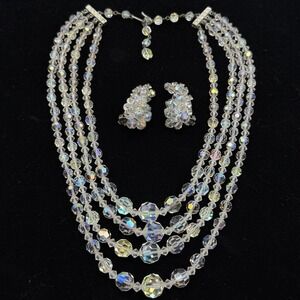 Vintage 4 Strand Aurora Borealis Iridescent Crystal Necklace & Earrings Set READ